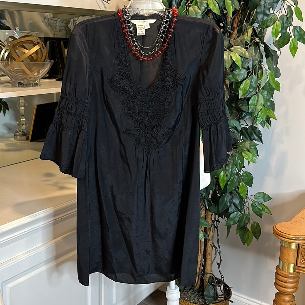 EUC Sophie Max Black Boho Crochet Neckline Mini Dress, S